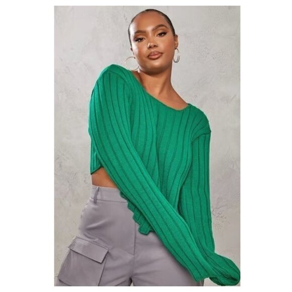 PrettyLittleThing Sweaters - Women's Plus Size Green Cropped Knit Ribbed Sweater UK XXL US 18/20